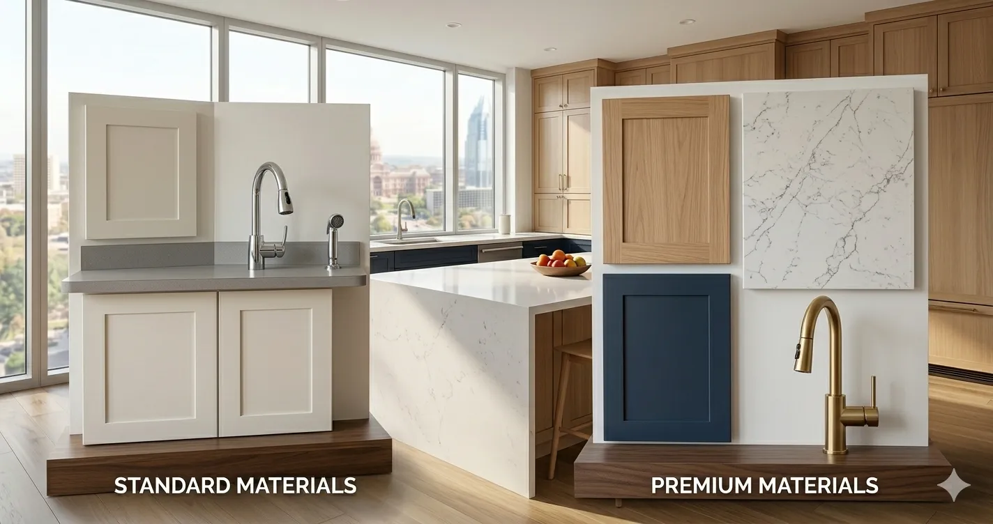 Detailed close-up study of kitchen material comparisons in Austin, showcasing standard vs. premium cabinet, quartz countertop, and faucet samples.